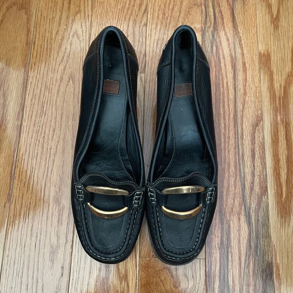 Goffredo Fantini Leather Pumps Black Contrast Stitch Brass Hardware EU 39 US 9